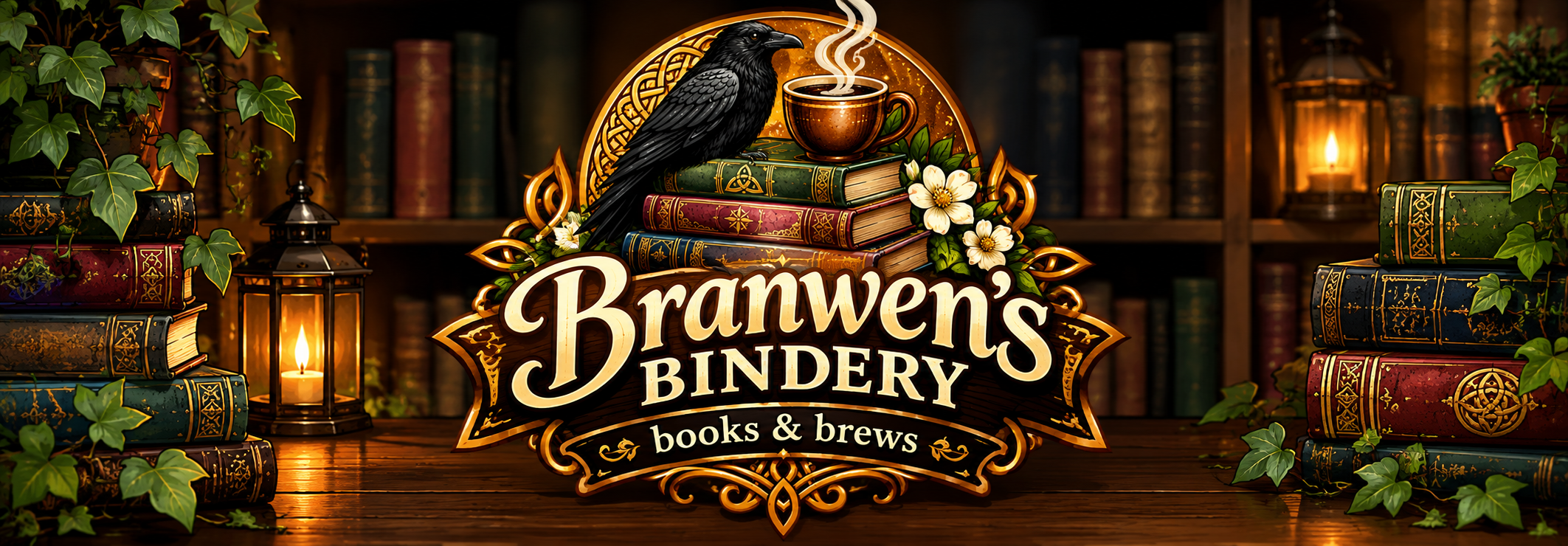Branwen's Bindery Books & Brews — a raven perched atop bound books beside a steaming cup, framed in a Celtic gold circle